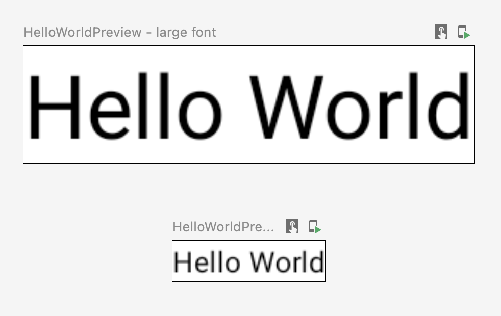 Android Studio design tab showing the composable with small and large
font
