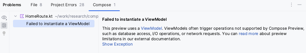 แผงปัญหาของ Android Studio ที่มีข้อความ &quot;สร้างอินสแตนซ์ของ `ViewModel` ไม่สำเร็จ&quot;
