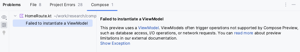 Android Studio 問題窗格，顯示「Failed to instantiate a `ViewModel`」訊息