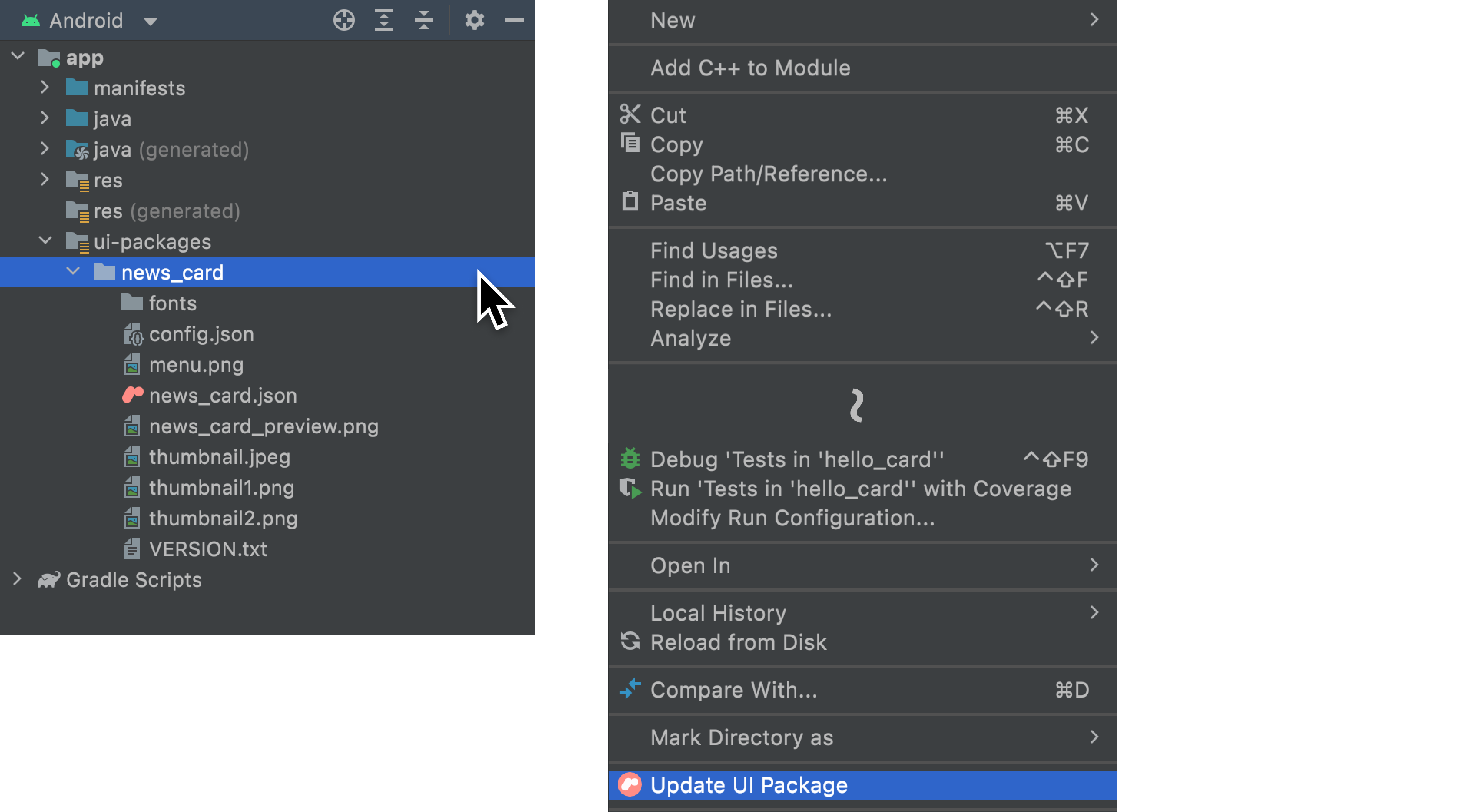 Option „UI Package“ im Kontextmenü aktualisieren