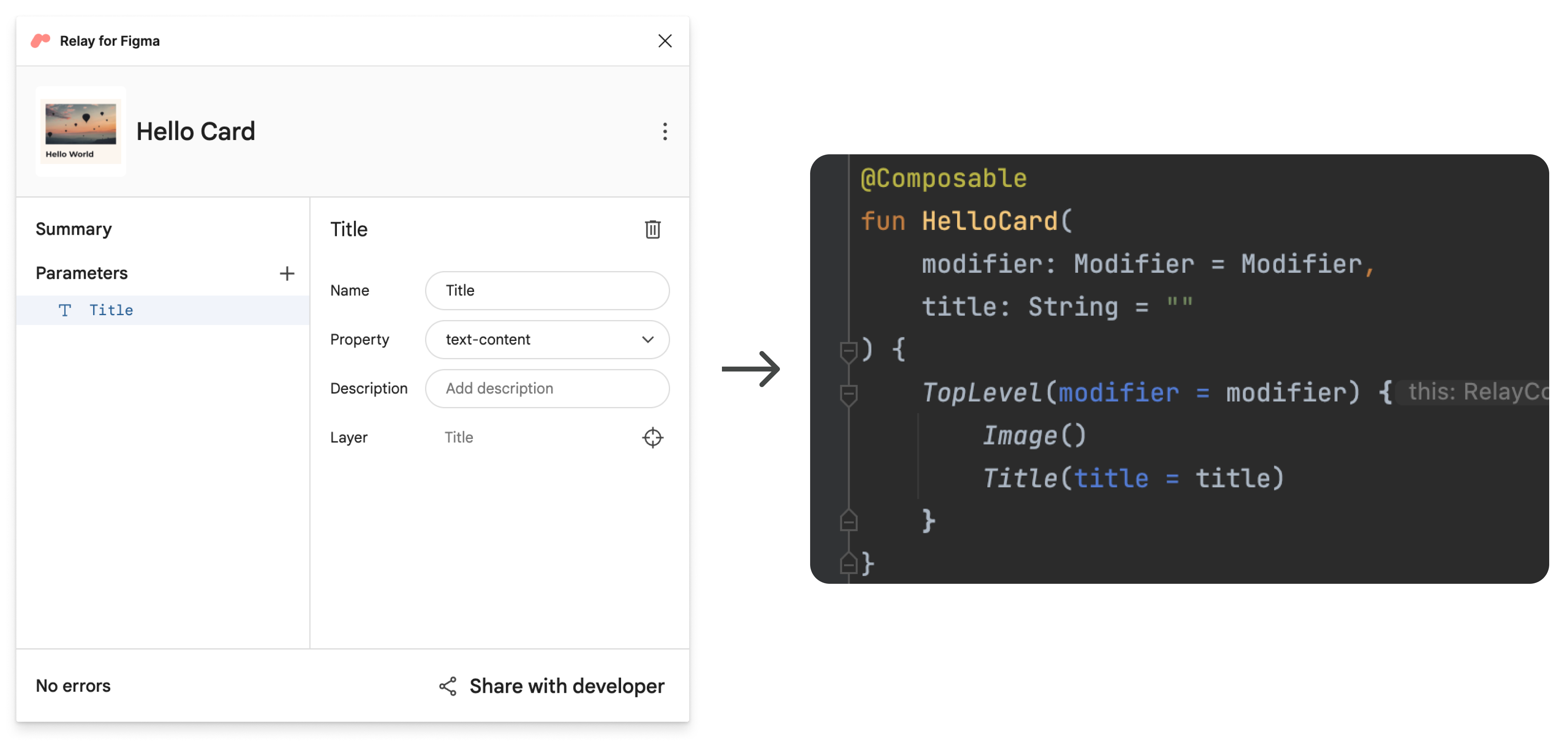 พารามิเตอร์ชื่อใน Figma และในโค้ดที่สร้างขึ้น