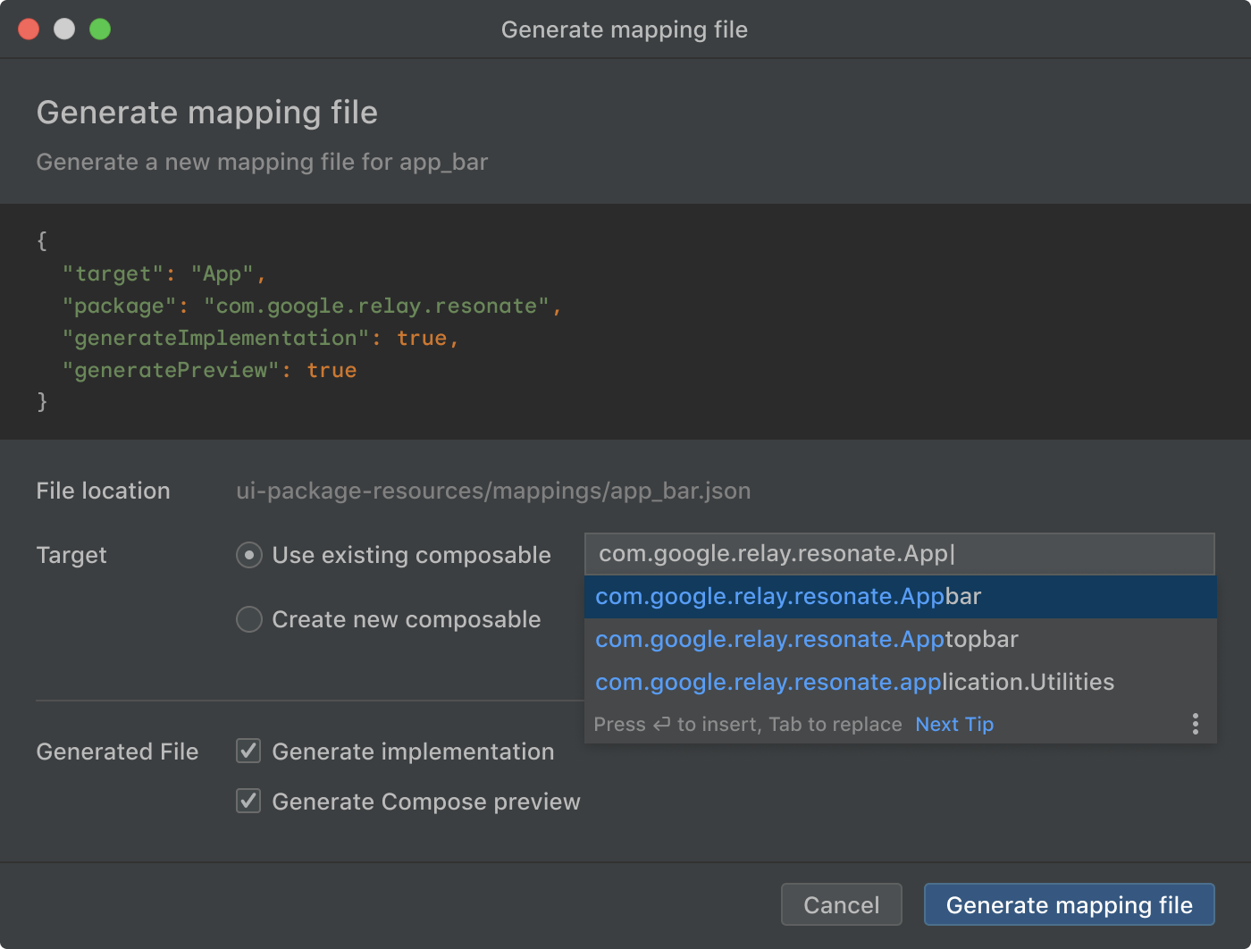 Dialog untuk membuat pemetaan
file