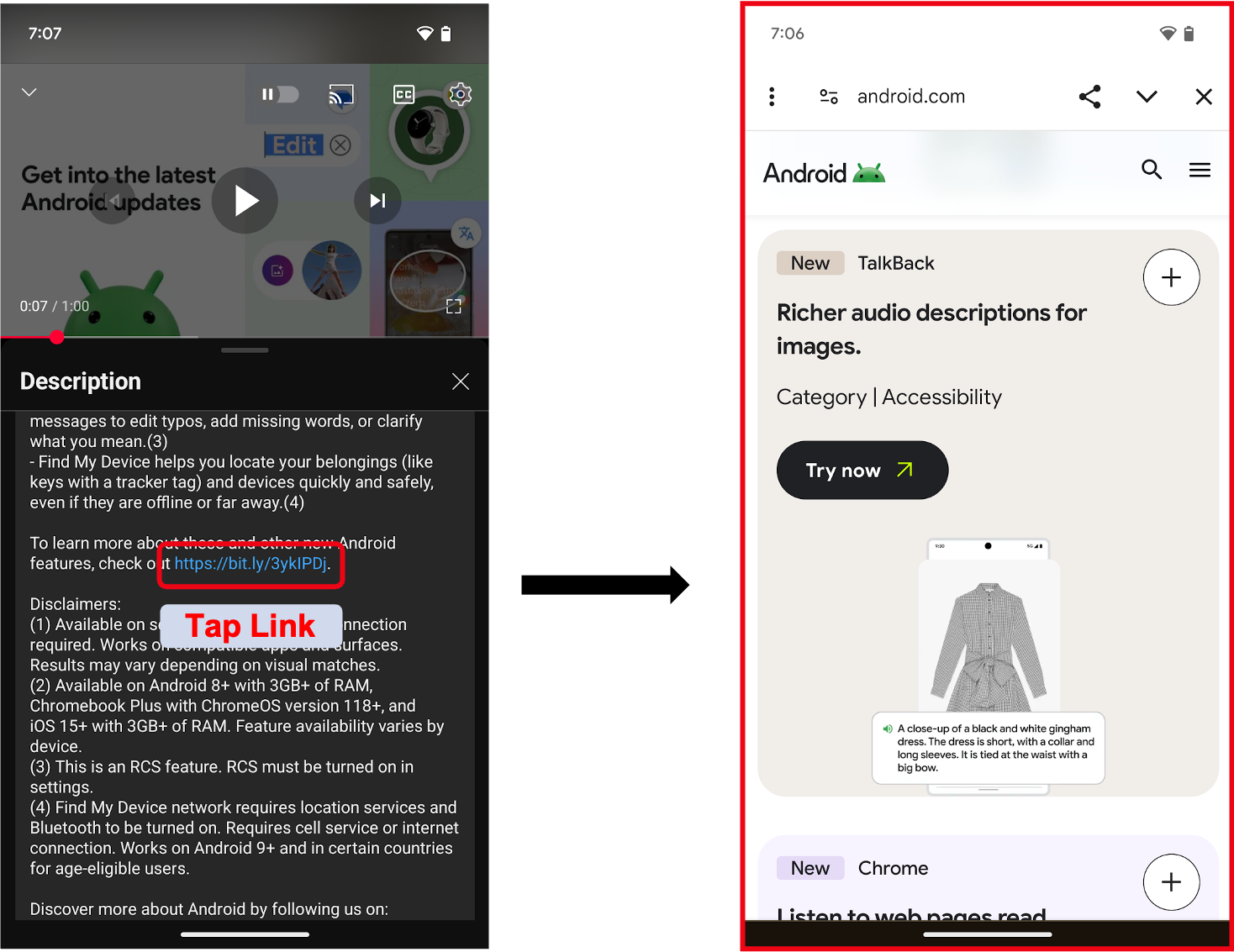 Pagina web con link in-app nella casella rossa a sinistra e un browser in-app visualizzato a destra.