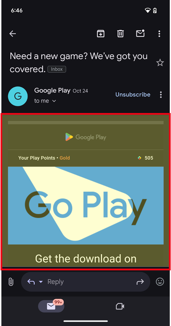 Aplikacja na Androida otwarta w Google Play. Główny widok internetowy jest wyróżniony na czerwono.