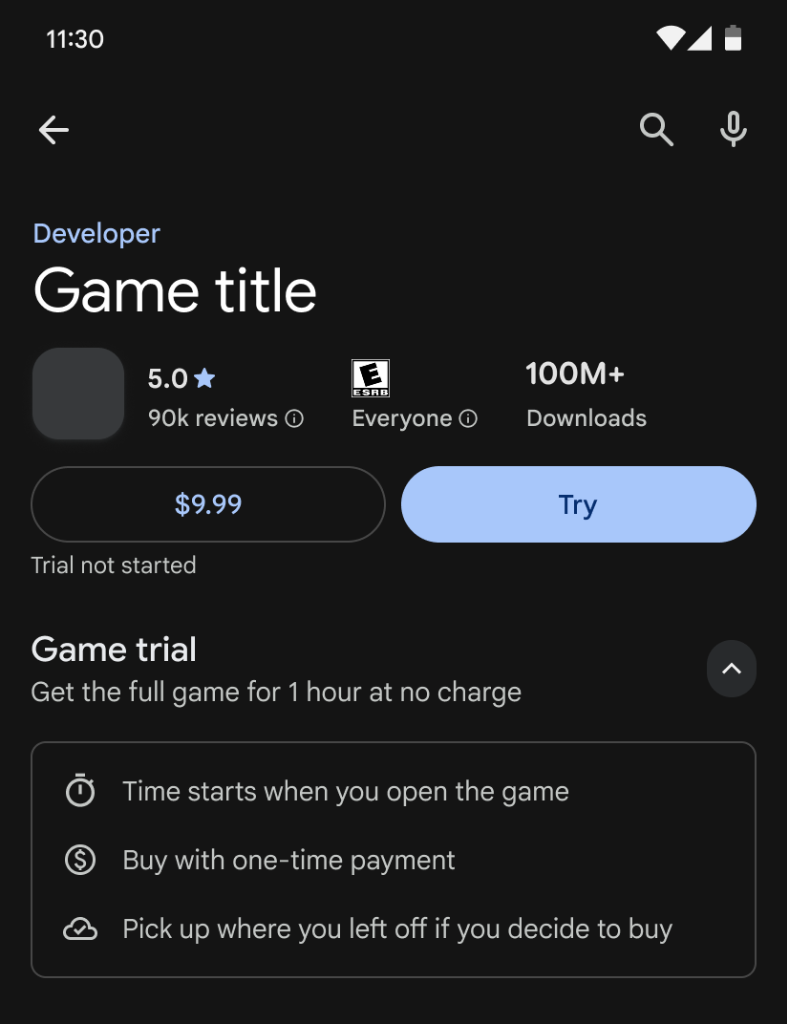 Game details page expanding on trial duration and terms