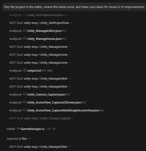 Antigravity IDE Agent 窗口，其中显示了请求对有效 Unity 场景进行视觉审核的提示。