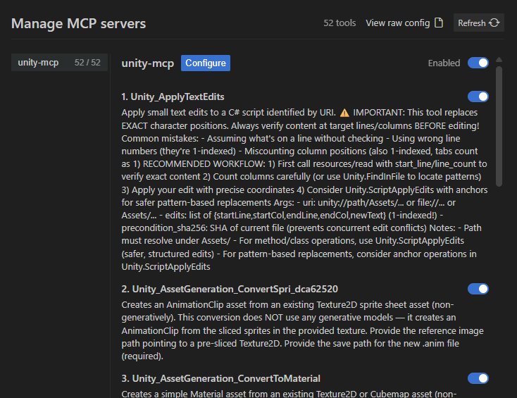 Antigravity IDE 的“管理 MCP”窗口，显示已配置的 unity-mcp。