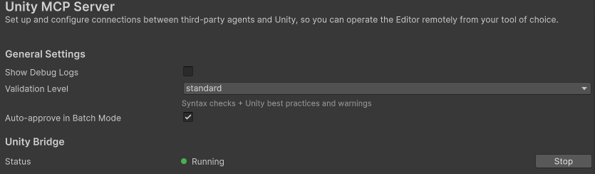 Unity MCP 设置，显示 Unity Bridge 状态为“正在运行”。