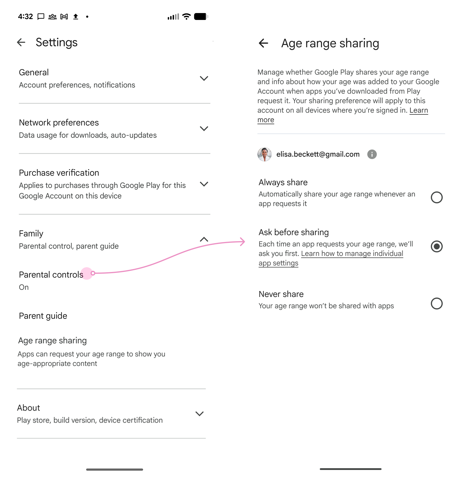 Google Play ayarları menüsünde yaş paylaşımı seçenekleri gösteriliyor: Paylaşmadan önce sor, Her zaman paylaş ve Hiçbir zaman paylaşma
