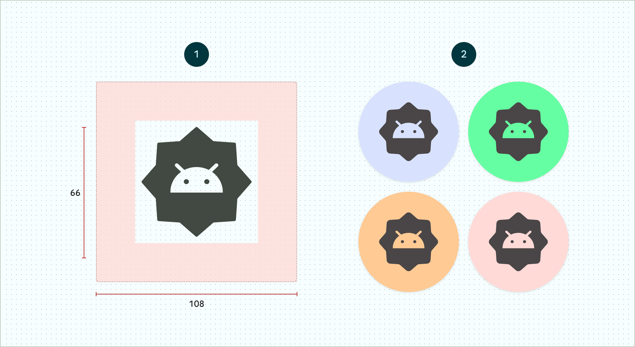 Gambar yang menampilkan contoh lapisan ikon monokromatik (gambar kiri) dan pratinjau warna (gambar kanan). Lapisan monokromatik menampilkan ikon 16 sisi dari contoh logo Android yang berada di tengah zona aman 66x66. Zona
aman dipusatkan di dalam penampung 108x108. Pratinjau warna menampilkan
tampilan lapisan ini saat diterapkan ke tema pengguna dengan warna yang berbeda (oranye,
merah muda, kuning, dan hijau).