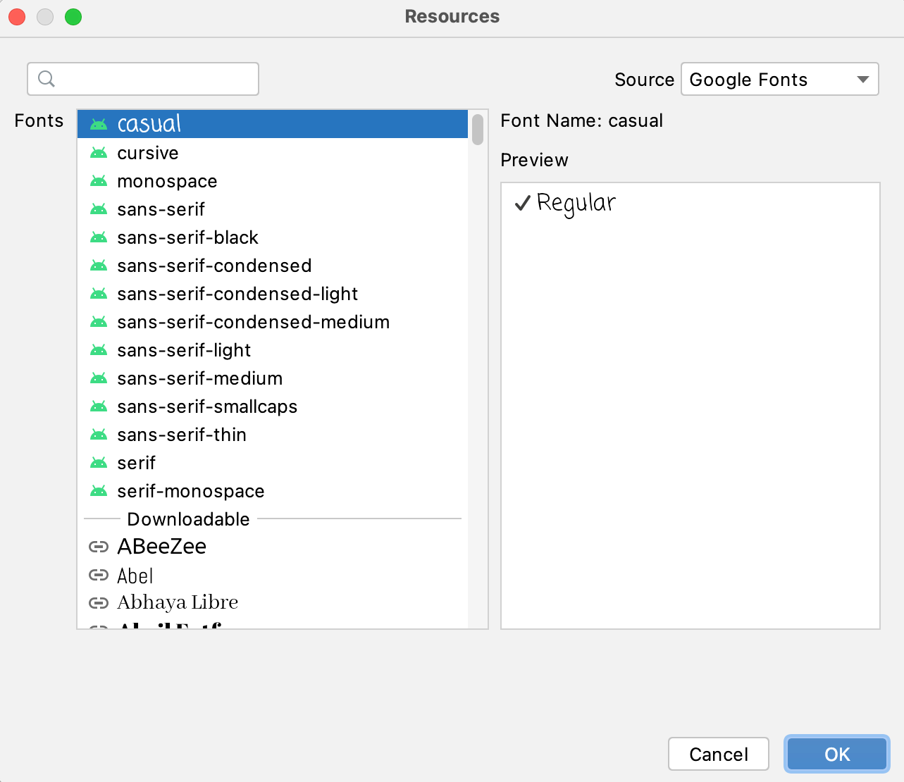 Gambar yang menunjukkan cara memilih font dari jendela Resources