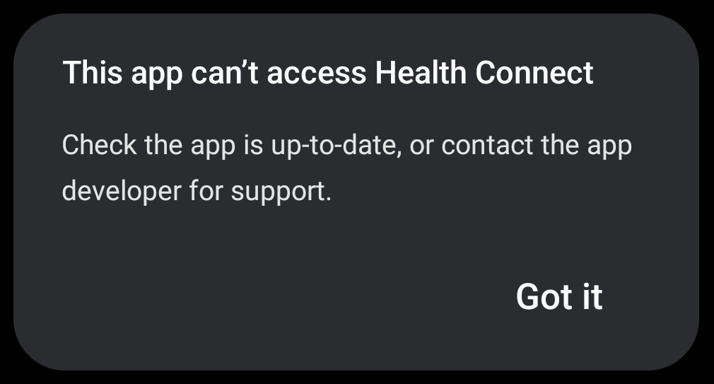 กล่องโต้ตอบแสดงให้ผู้ใช้เห็นว่าแอปเข้าถึง Health Connect ไม่ได้