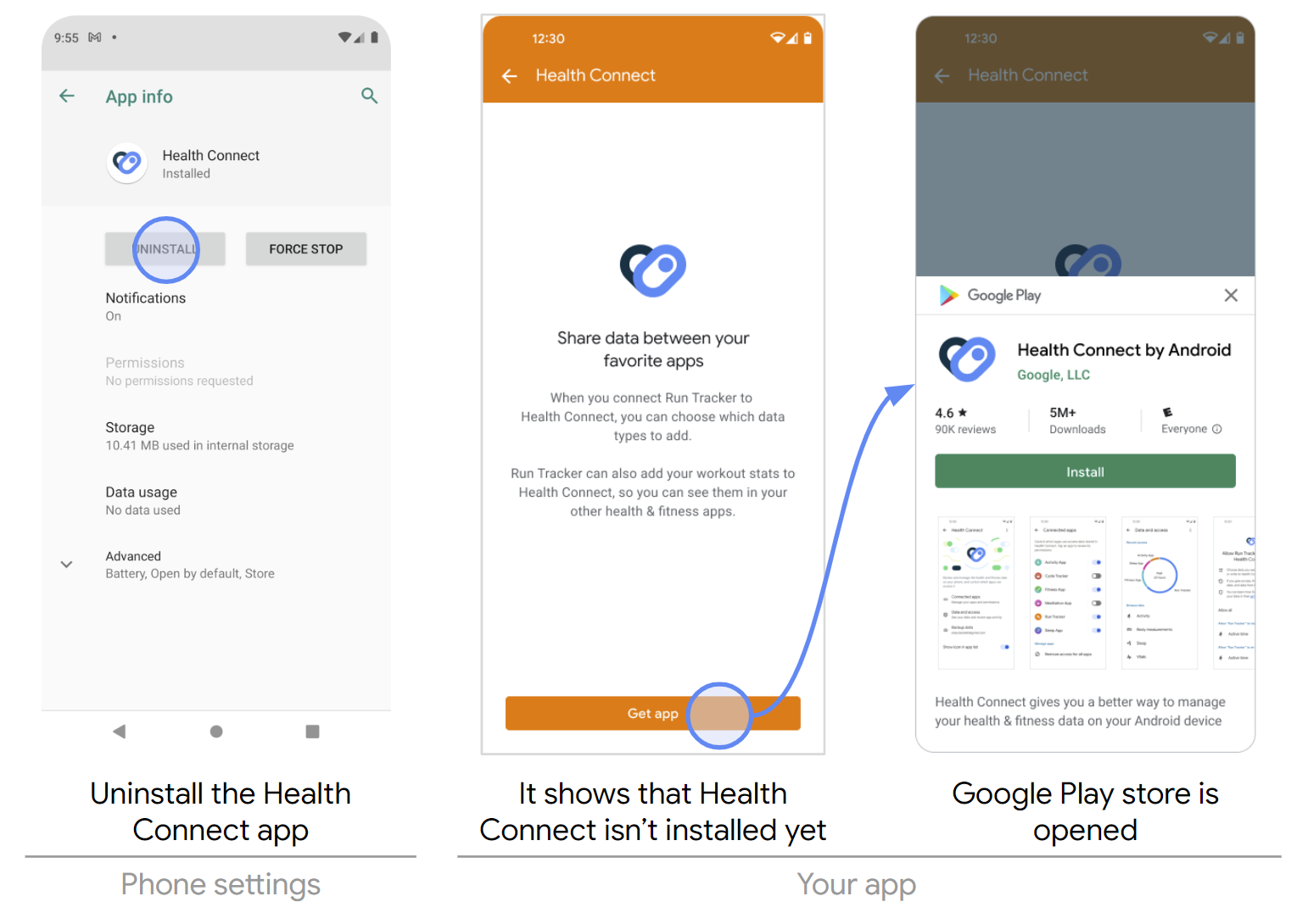 Intenta realizar la integración con Health Connect cuando está desinstalada
