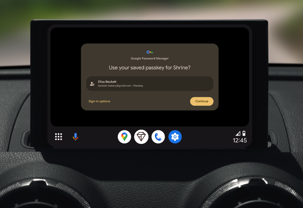Android Automotive OS-এ ইন-ভেইকেল স্ক্রিনে Credential Manager পাসকী প্রম্পট দেখানো হয়েছে।