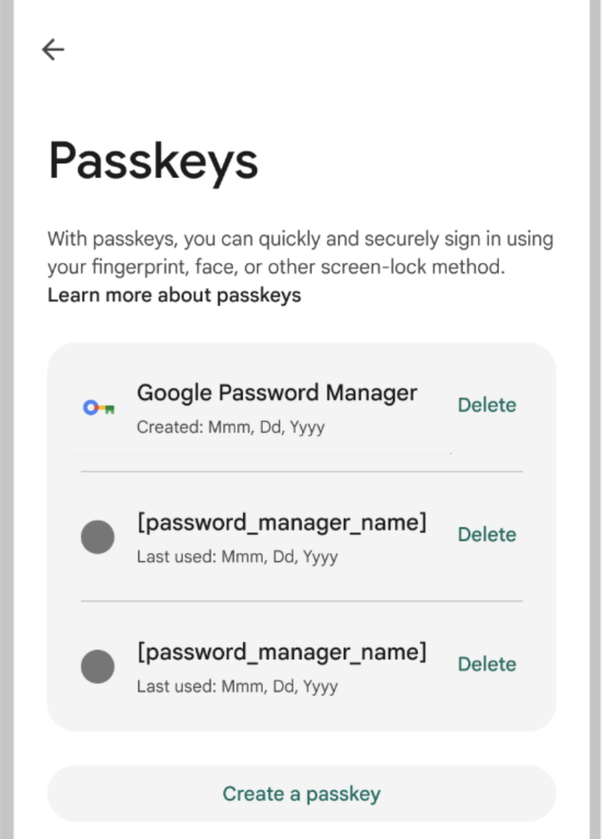 La pagina delle impostazioni dell&#39;app mostra tutte le passkey salvate per l&#39;app, con il fornitore delle credenziali e la data di creazione.