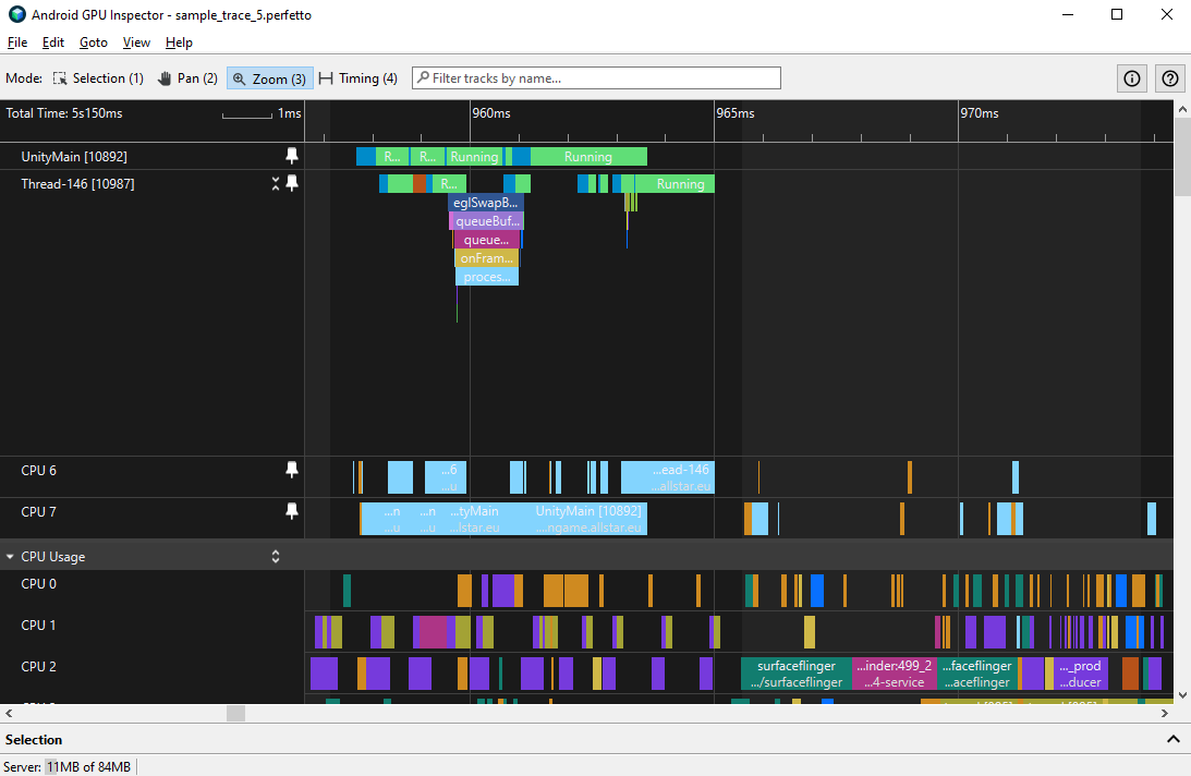 Jeu avec le thread principal et le thread de rendu s&#39;exécutant principalement sur les grands cœurs (CPU 6-7), affichés en bleu clair