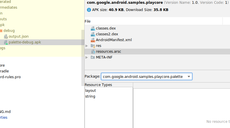 Screenshot des APK Analyzers, in dem der Inhalt einer kompilierten Ressourcendatei untersucht wird