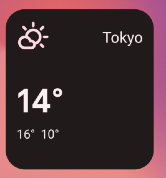 Exemple de widget météo dans la plus petite taille de grille 3x2, indiquant le nom de l&#39;emplacement (Tokyo), la température (14°) et le symbole indiquant un temps partiellement nuageux