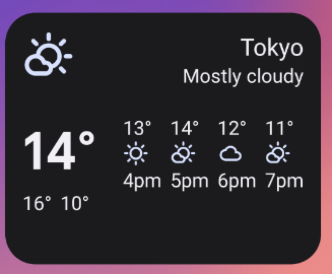 Beispiel für ein Wetter-Widget in der Größe 4 × 2 („mittel“) Wenn Sie die Größe des Widgets auf diese Weise ändern, wird die gesamte Benutzeroberfläche der vorherigen Widgetgröße übernommen und das Label „Meist bewölkt“ sowie eine Temperaturvorhersage für 16:00 bis 19:00 Uhr werden hinzugefügt.