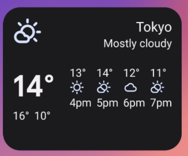 Esempio di widget meteo nelle dimensioni &quot;medie&quot; 4 x 2. Se ridimensioni il widget in questo modo, viene utilizzata tutta l&#39;interfaccia utente delle dimensioni del widget precedente e vengono aggiunte l&#39;etichetta &quot;Cielo parzialmente nuvoloso&quot; e una previsione delle temperature dalle 16:00 alle 19:00.