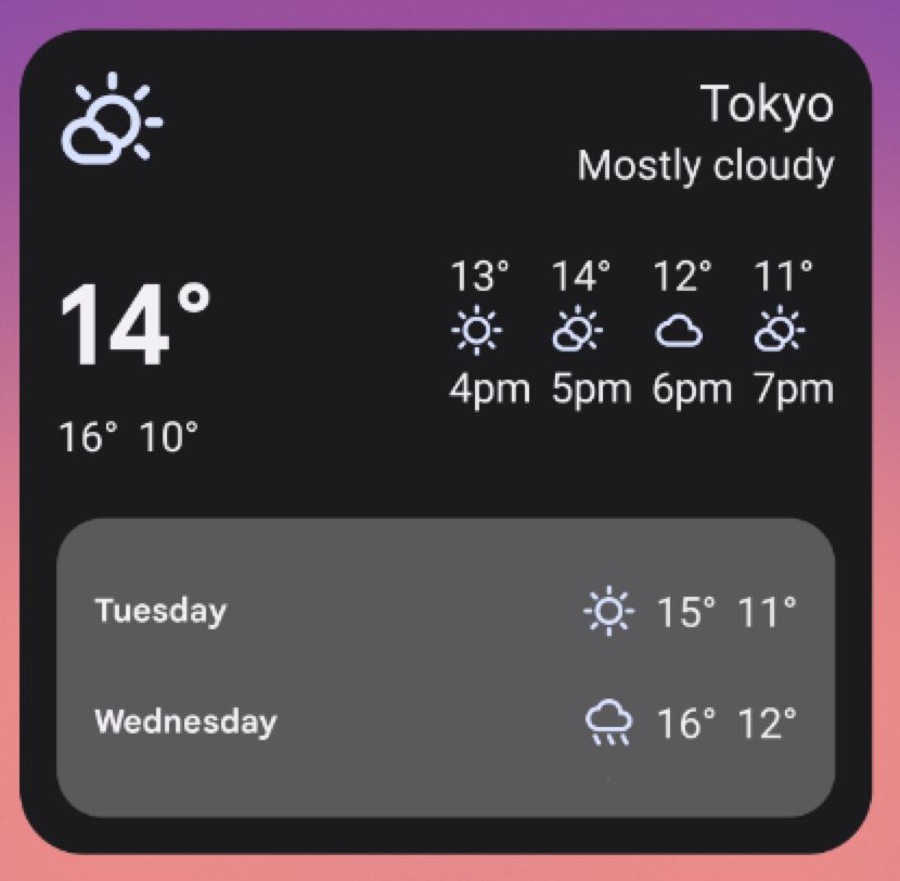 Beispiel für ein Wetter-Widget in der Größe „Groß“ (5 × 3). Beim Anpassen der Größe des Widgets auf diese Weise wird die gesamte Benutzeroberfläche der vorherigen Widget-Größen verwendet und eine Ansicht im Widget hinzugefügt, die eine Wettervorhersage für Dienstag und Mittwoch enthält. Symbole für sonniges oder regnerisches Wetter sowie Höchst- und Tiefsttemperaturen für jeden Tag.