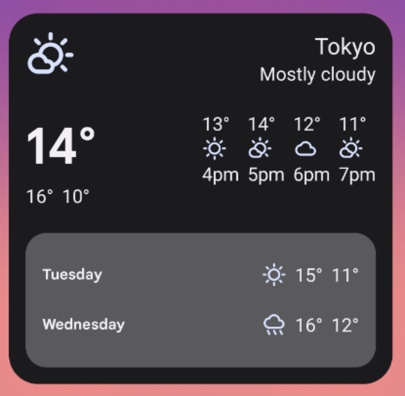 Ejemplo de widget del clima en un tamaño &quot;grande&quot; de 5 × 3. Cambiar el tamaño del widget de esta manera se basa en toda la IU de los tamaños de widget anteriores y agrega una vista dentro del widget que contiene un pronóstico del clima para el martes y el miércoles. Símbolos que indican clima soleado o lluvioso, y temperaturas máximas y mínimas de cada día.