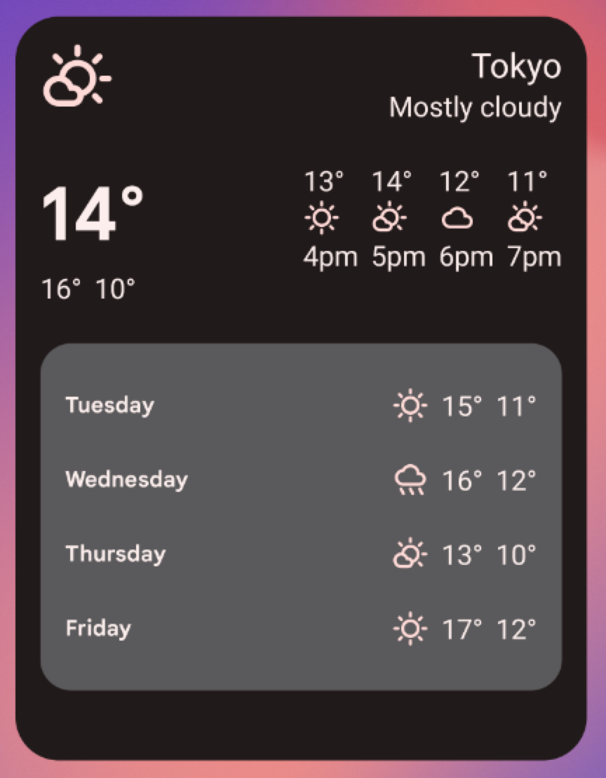 Ejemplo de widget del clima en un dispositivo “grande” de 5x4 de tamaño del ensamble. Cambia el tamaño del widget
            de esta manera se basa en toda la IU de los tamaños de widgets anteriores,
            y agrega el jueves y el viernes (y sus símbolos correspondientes
            que indican el tipo de clima, así como la temperatura máxima y mínima
            para cada día).