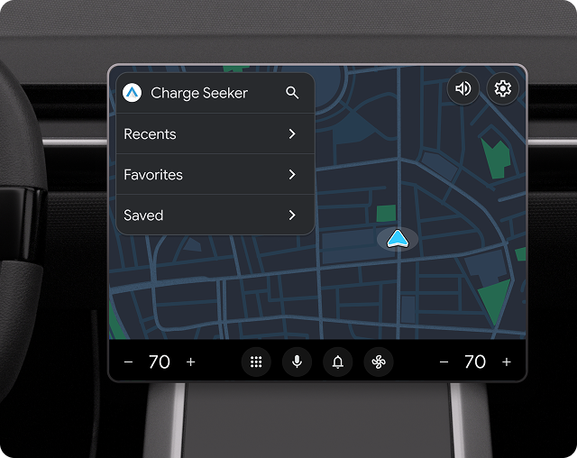Eine Aktionsleiste mit Lautstärke- und Einstellungen-Schaltflächen