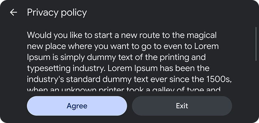 Mock-up of Long Message template with sample privacy policy.