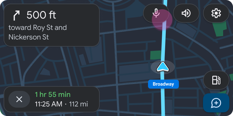 Modèle de navigation pendant le parcours utilisateur avec des boutons de micro, de volume et de paramètres dans la barre d'action