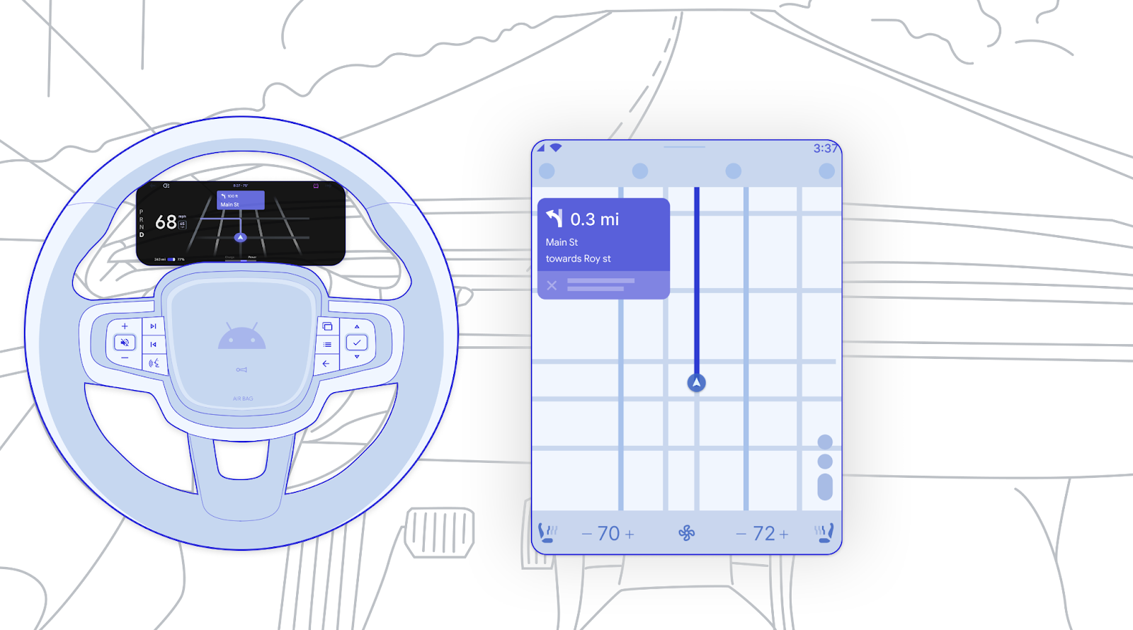 Wireframe d'un cluster de carte avec une carte de présentation de l'itinéraire