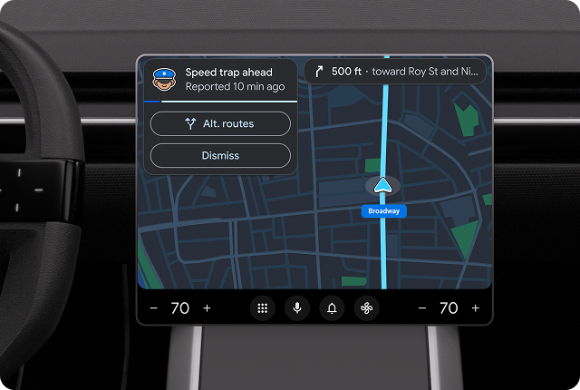 Una alerta de navegación que muestra un próximo radar de velocidad