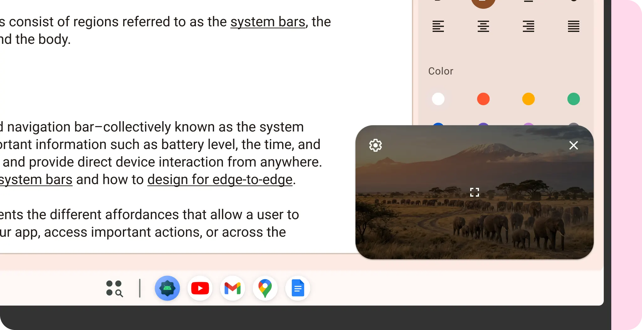 Modal picture-in-picture di tablet.