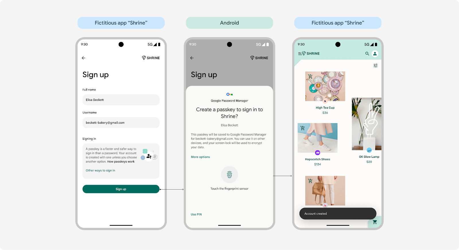 Tres capturas de pantalla que muestran la creación de llaves de acceso con un solo toque en Android 15. El
la primera pantalla muestra un formulario de registro. La segunda pantalla te ofrece crear una llave de acceso
con solo presionar una vez. En la tercera pantalla, se confirma la creación de la cuenta.