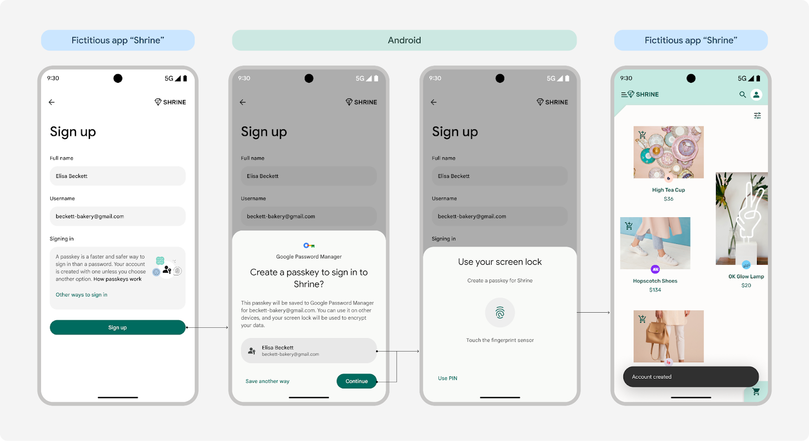 Cuatro capturas de pantalla que muestran la creación de llaves de acceso con un solo toque en Android 14 y
menor. En la primera pantalla, se muestra un formulario de registro. La segunda pantalla te ofrece crear
una llave de acceso. La tercera pantalla le solicitará al usuario que confirme su bloqueo de pantalla con un
huella dactilar. La cuarta pantalla confirma la cuenta
de la creación de cuentas de servicio.