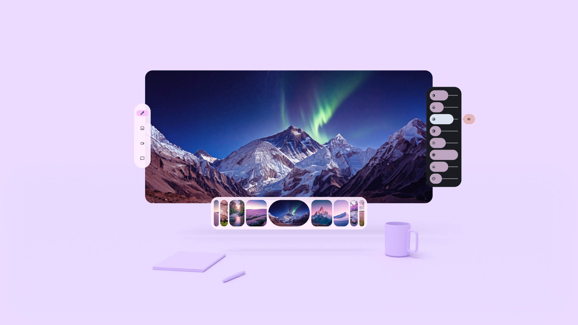 Application Android XR avec des aurores boréales et une montagne enneigée. Trois menus de contrôle utilisateur sont dans des orbiteurs. Ils sont surélevés par rapport au panneau principal, à gauche, à droite et en bas.