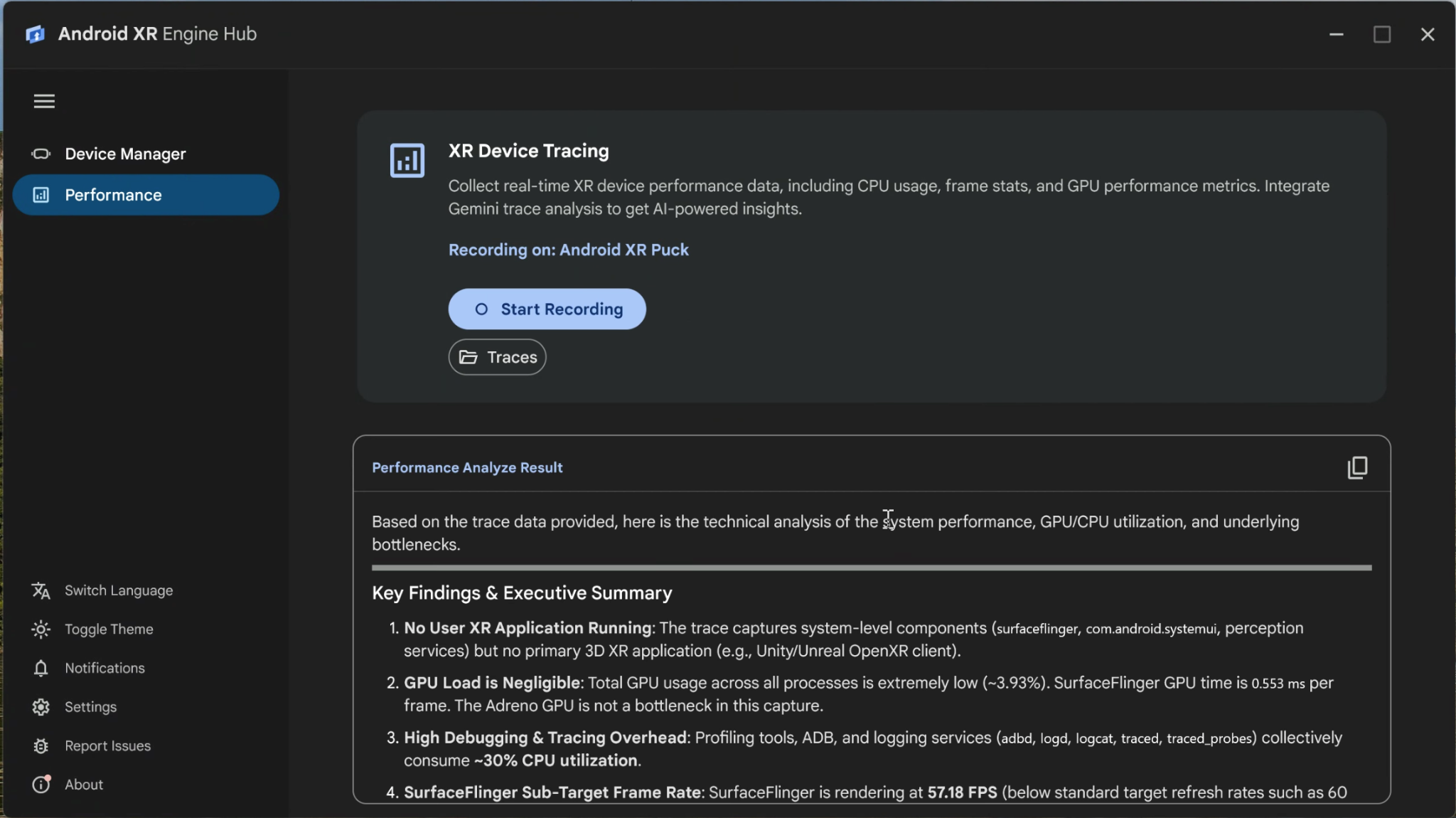 Capture a performance trace and review Gemini analysis in the Android XR Engine Hub