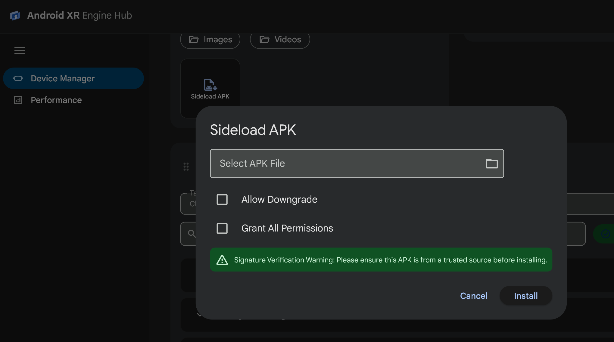 Android XR Engine Hub 中的“旁加载 APK”对话框