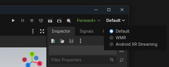 Selezionando l'ambiente di runtime di streaming Android XR per attivare
l'anteprima diretta.