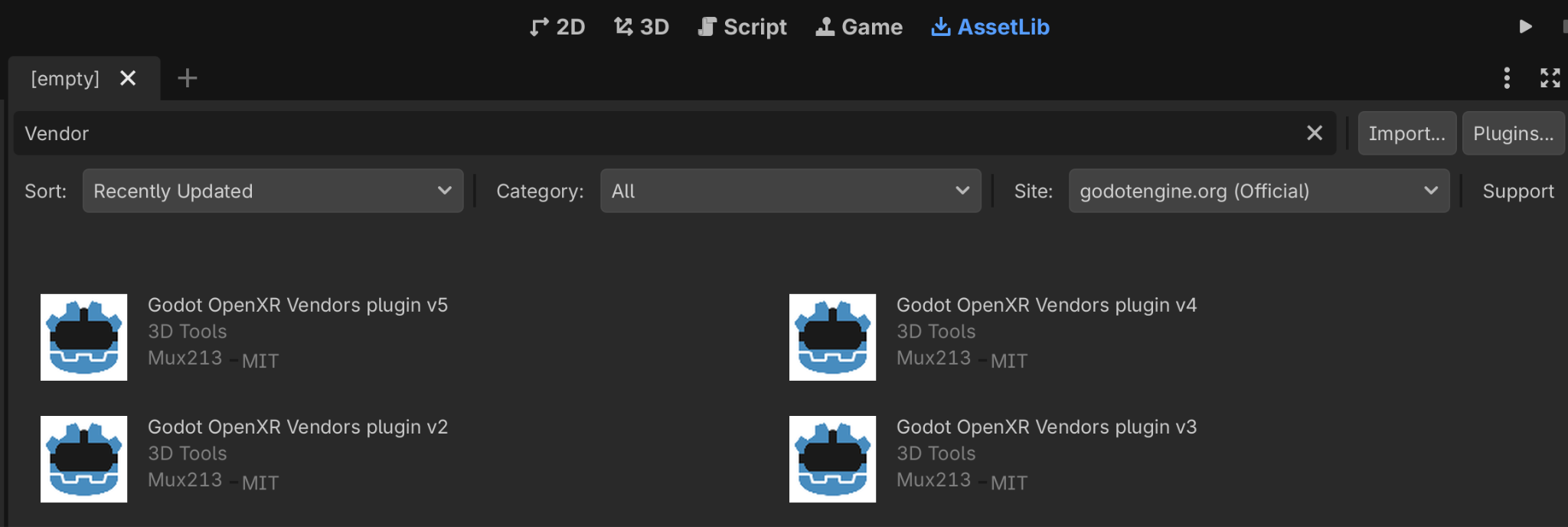 Trova diverse versioni del plug-in Godot OpenXR Vendors cercando nella raccolta di asset di Godot