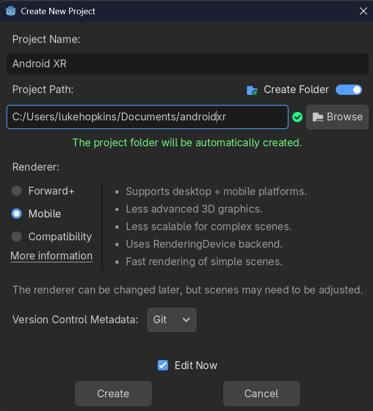 Cuadro de diálogo Create New Project en Godot Engine.