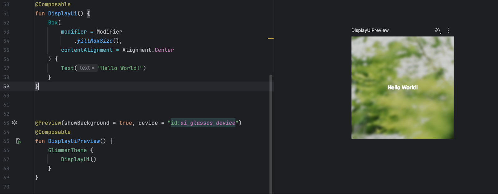 可组合项预览显示在拆分视图中，用于模拟 AI 眼镜设备。