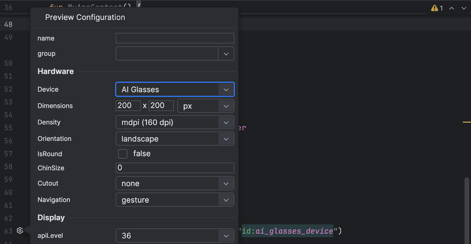 Selecciona AI Glasses para el dispositivo en la configuración de vista previa de la función de componibilidad.