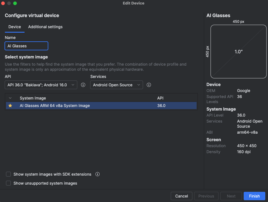 หน้าต่าง "กำหนดค่าอุปกรณ์เสมือน" ของ Android Studio