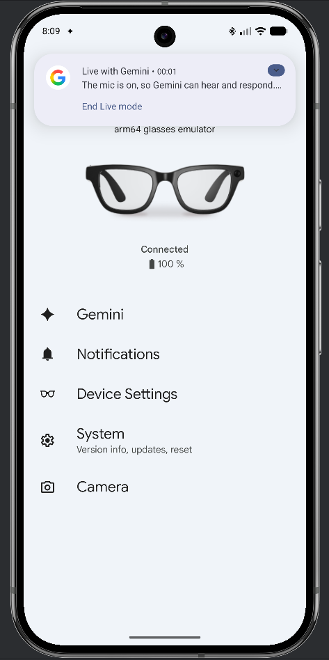 휴대전화 에뮬레이터의 알림은 호스트 마이크 입력이 활성 상태임을 나타냅니다.