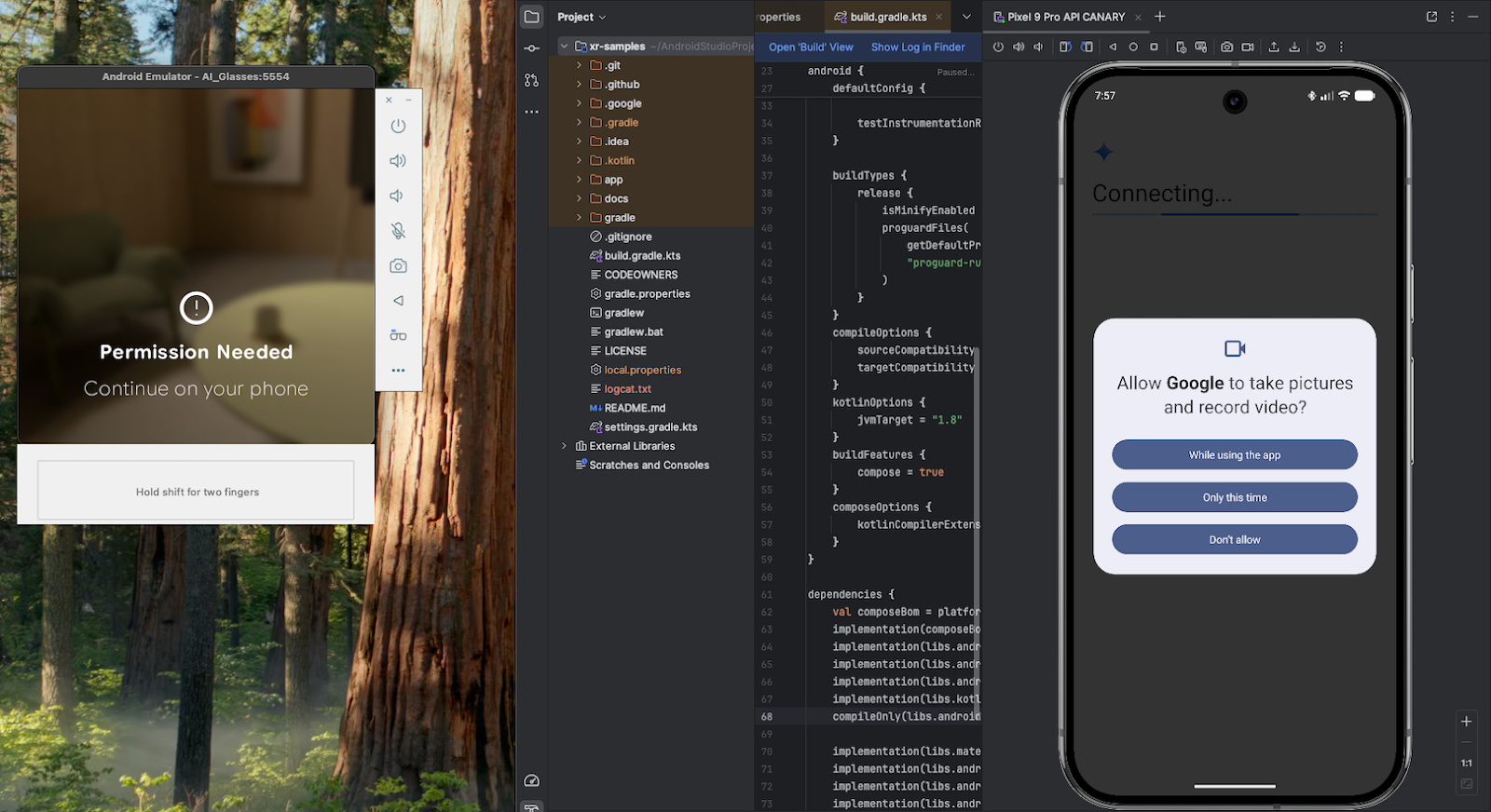Zaakceptuj wszystkie wymagane uprawnienia, aby korzystać z Gemini Live na emulatorze okularów AI.