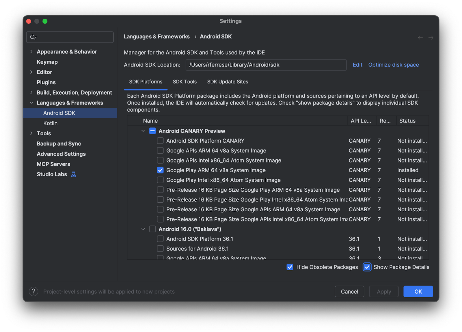 **패키지 세부정보 표시** 체크박스를 선택합니다.