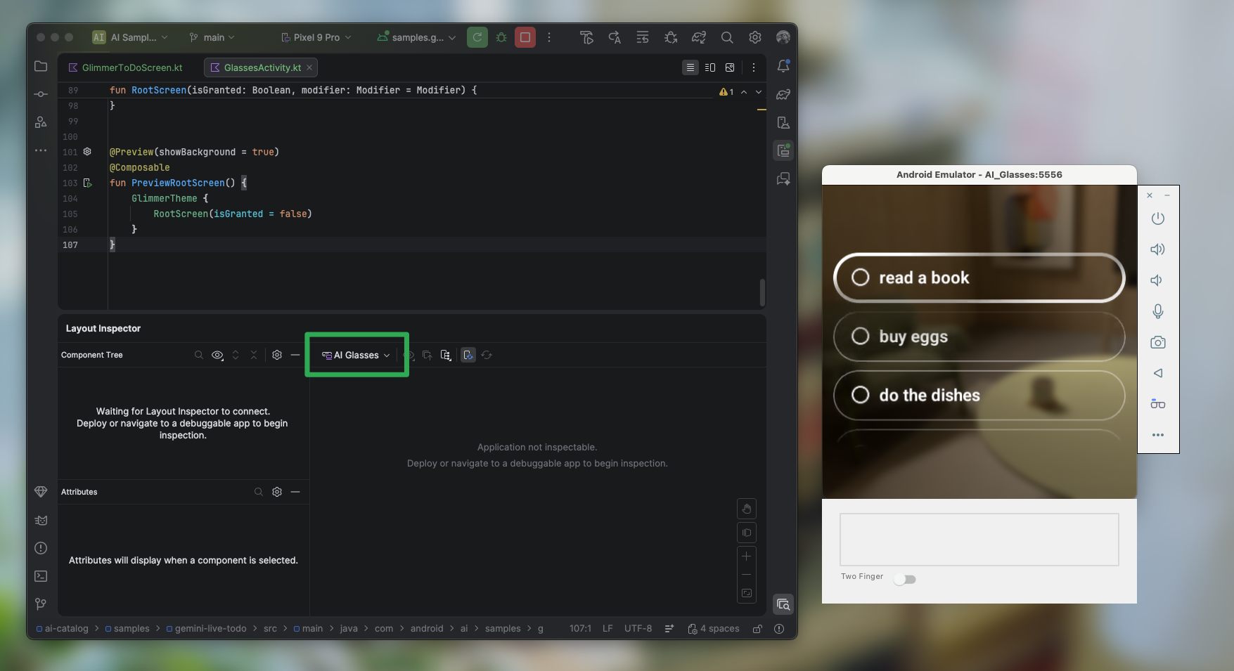 Tampilan Layout Inspector dengan menu drop-down "Running devices" yang ditandai.