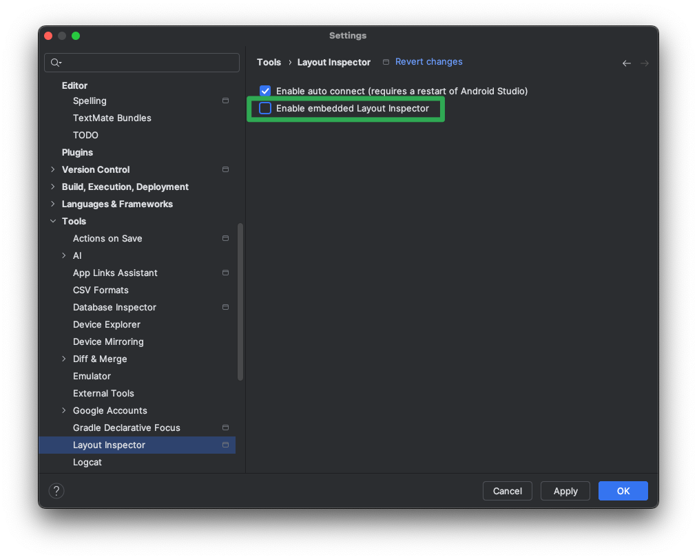 Seite mit den Android Studio-Einstellungen für das Tool „Layout Inspector“.