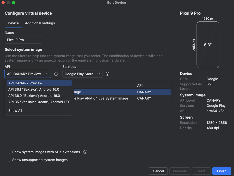 Configuration du niveau d'API de l'AVD pour l'appareil hôte du téléphone.
